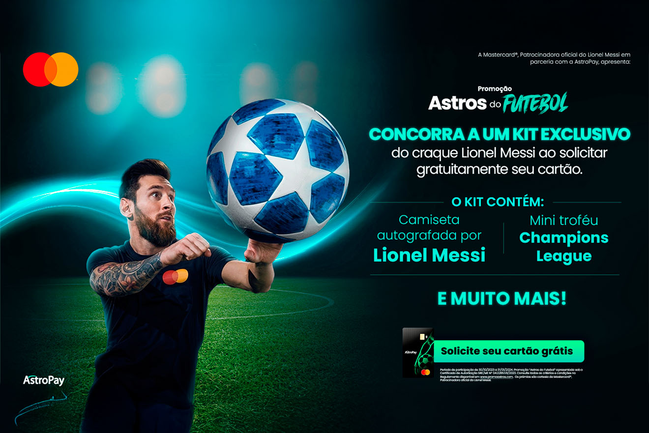 Lionel Messi balancing a football in the Astros do Futebol campaign design for Mastercard and AstroPay.