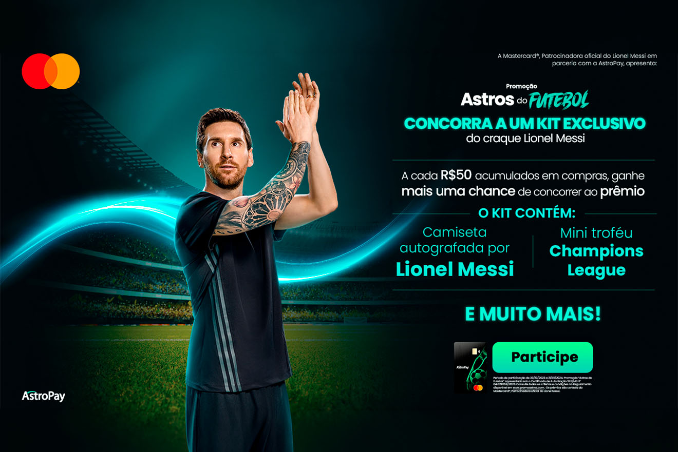 Horizontal Mastercard campaign artwork featuring Lionel Messi applauding inside an illuminated football stadium.