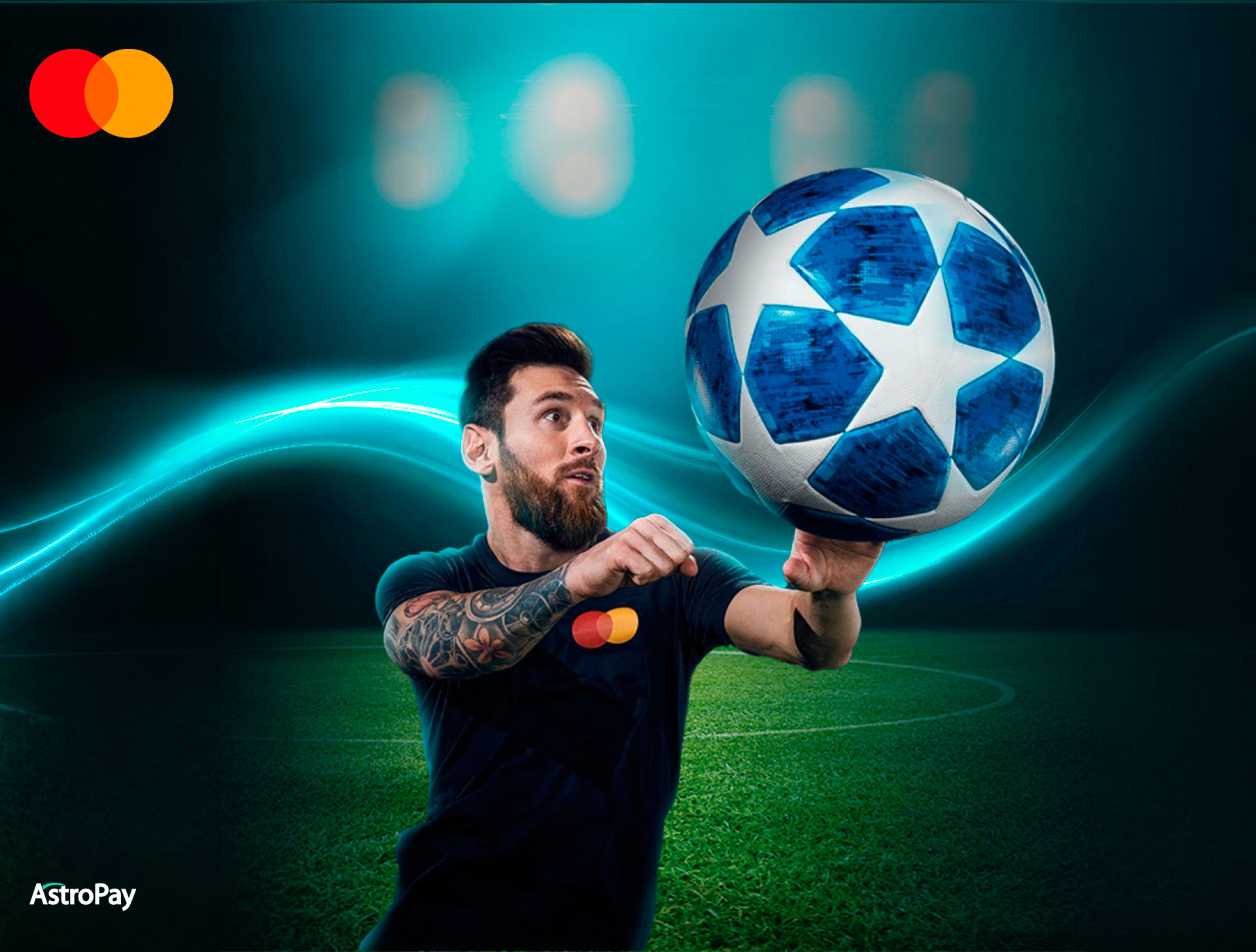 Lionel Messi balancing a blue football in a turquoise stadium for the Mastercard and AstroPay campaign.