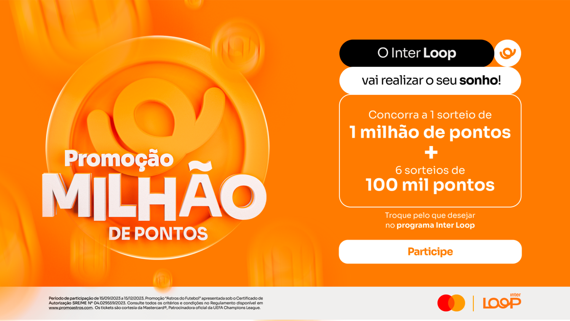 Horizontal Mastercard and Inter Loop campaign advertising prizes of one million and one hundred thousand points.